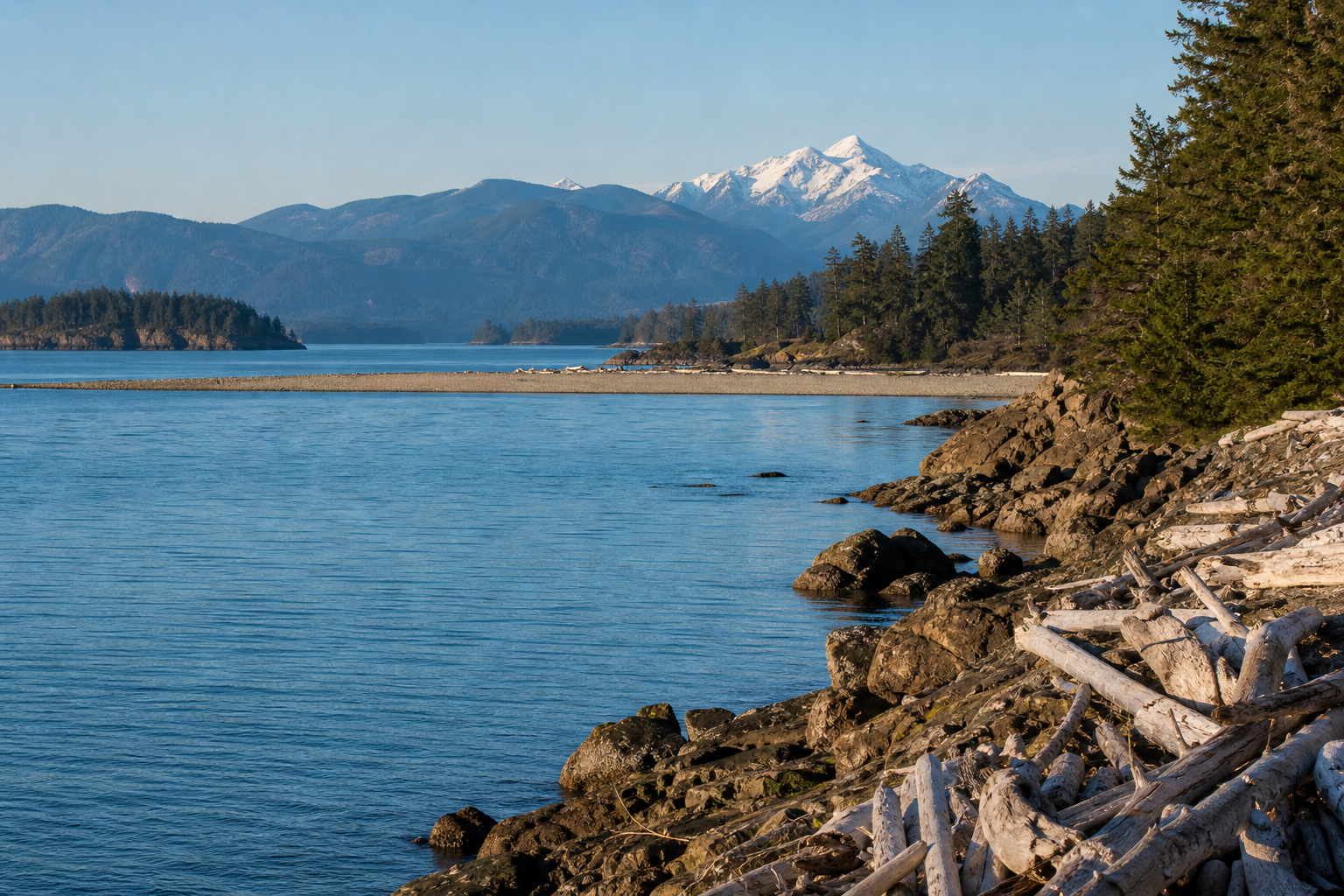 Sooke harbour shoreline with driftwood, forested edge, calm blue water, and distant mountains